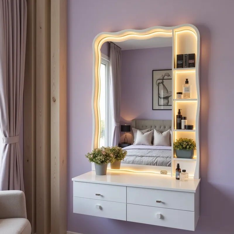 Lilac Bedroom Vanity with LED Mirror - A softly lit lilac bedroom featuring a tall wavy-edged mirror with glowing LED trim, integrated curved shelves displaying perfumes, cosmetics, and a small potted plant. In front of a vertical wood-paneled accent wall and curtains, a white floating two-drawer vanity holds a flower-filled vase and fragrance bottles. The mirror reflects a neatly made upholstered bed, bedside lamp, framed botanical artwork, and warm pastel décor. - AI image generated with Photorealistic 2
