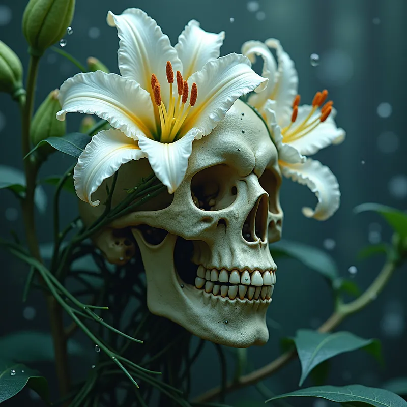 Lilies of the Underworld - An ethereal vision of lilies with shimmering water droplets that transform into a skull, all wrapped in an intricate network of vines. - AI image generated with Photorealistic 2