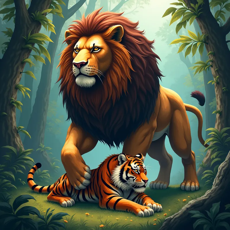 Lion Dominance - A powerful Detroit lion, symbolic of strength, stands tall and imposing over a subdued Cincinnati Bengal, showcasing a clear display of dominance in a lush, colorful jungle environment. - AI image generated with Photorealistic 2