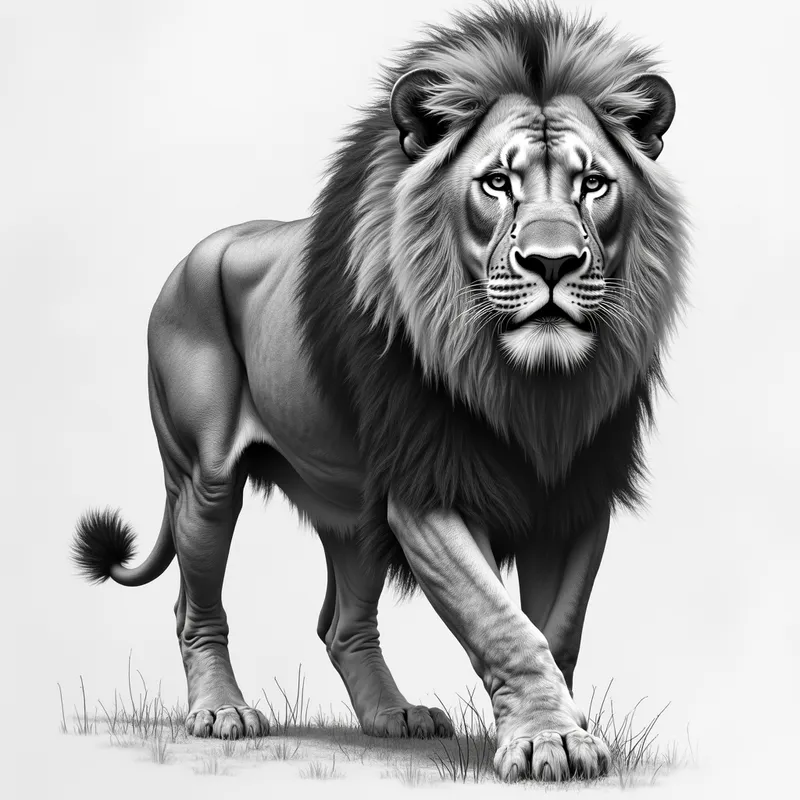 Lion Hunting in Pencil Art - grayscale realistic detailed pencil drawing of a lion hunting  - AI image generated with Photorealistic 2