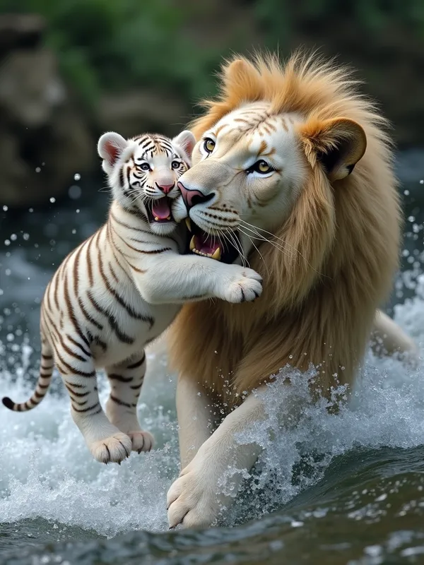 Lion Rescues White Tiger Cub from Rapids - generate a photorealistic image of an extremely cute baby white tiger and an adult male lion where the lion is helping the tiger from some sort of danger by biting the cubs scruff behind his neck, carrying him in his mouth. maybe the danger is water, like a beautiful but dangerous fast flowing river - AI image generated with Photorealistic 2