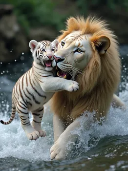 Lion Rescues White Tiger Cub from Rapids