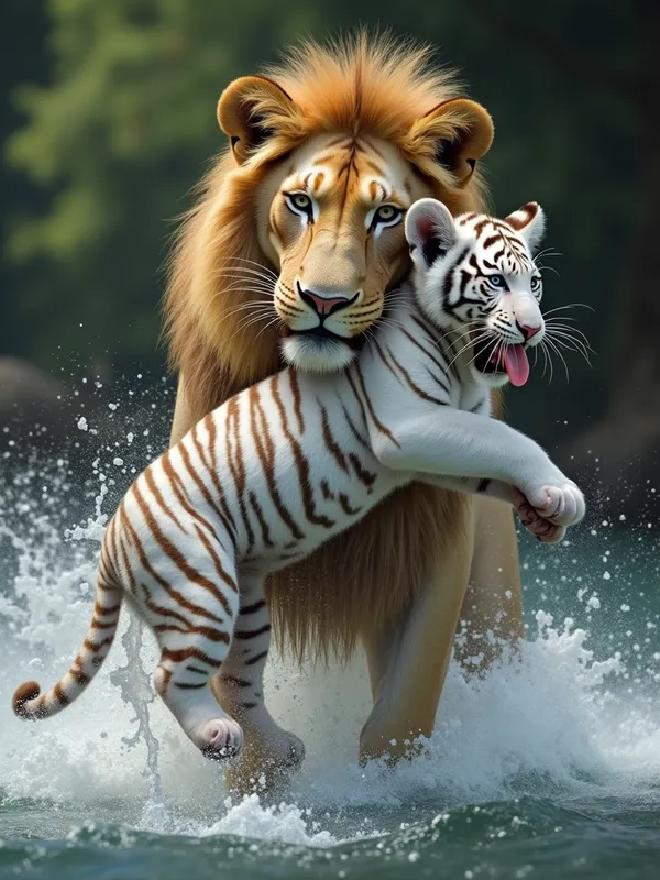 Lion Rescues White Tiger Cub from Rapids - generate a photorealistic image of an extremely cute baby white tiger and an adult male lion where the lion is helping the tiger from some sort of danger by biting the cubs scruff behind his neck, carrying him in his mouth. maybe the danger is water, like a beautiful but dangerous fast flowing river - AI image generated with Photorealistic 2