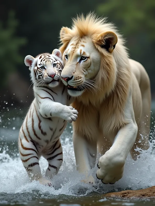 Lion Rescues White Tiger Cub from River - generate a photorealistic image of an extremely cute baby white tiger and an adult male lion where the lion is helping the tiger from some sort of danger by biting the cubs scruff behind his neck, carrying him in his mouth. maybe the danger is water, like a beautiful but dangerous fast flowing river - AI image generated with Photorealistic 2