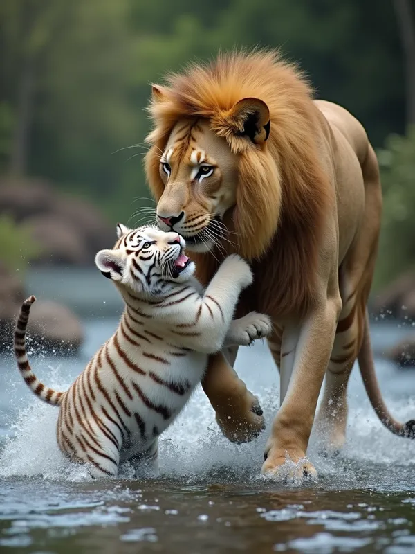 Lion Rescues White Tiger Cub from River - generate a photorealistic image of an extremely cute baby white tiger and an adult male lion where the lion is helping the tiger from some sort of danger by biting the cubs scruff behind his neck, carrying him in his mouth. maybe the danger is water, like a beautiful but dangerous fast flowing river - AI image generated with Photorealistic 2