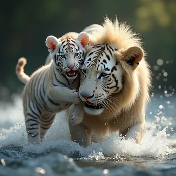 Lion Rescues White Tiger Cub from River