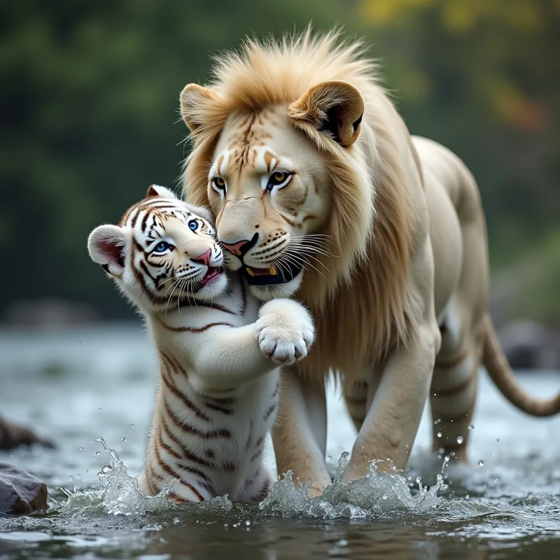 Lion Rescues White Tiger Cub from River - generate a photorealistic image of an extremely cute baby white tiger and an adult male lion where the lion is helping the tiger from some sort of danger by biting the cubs scruff behind his neck, carrying him in his mouth. maybe the danger is water, like a beautiful but dangerous fast flowing river - AI image generated with Flux