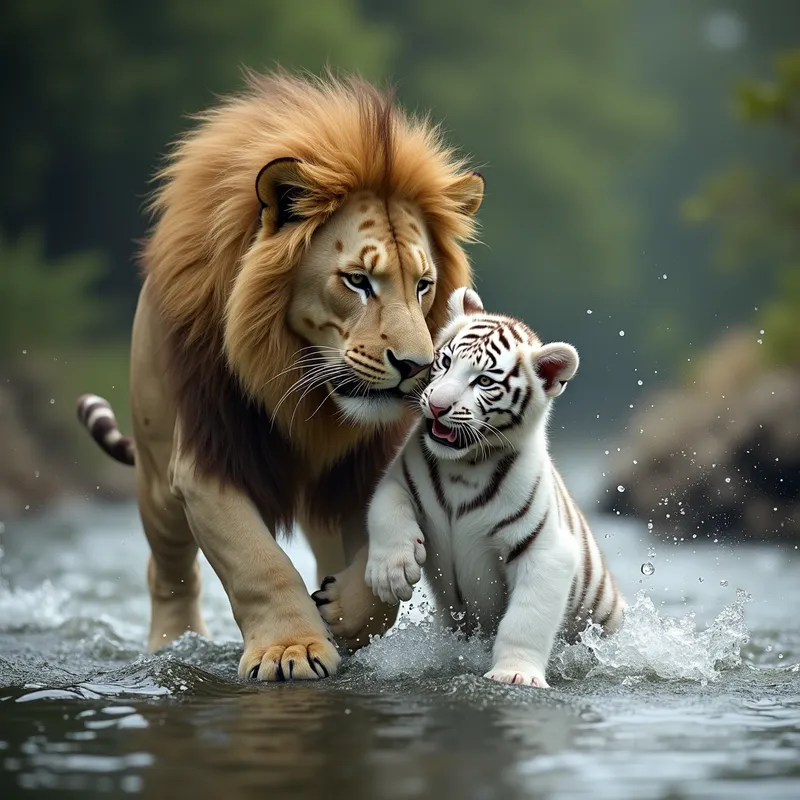 Lion Rescues White Tiger Cub from River - generate a photorealistic image of an extremely cute baby white tiger and an adult male lion where the lion is helping the tiger from some sort of danger by biting the cubs scruff behind his neck, carrying him in his mouth. maybe the danger is water, like a beautiful but dangerous fast flowing river - AI image generated with Flux