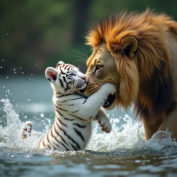 Lion Rescues White Tiger Cub from River