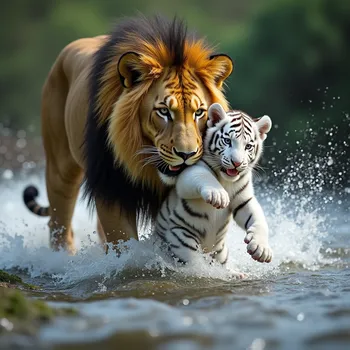 Lion Rescues White Tiger Cub from River