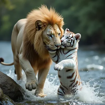 Lion Rescues White Tiger Cub from River