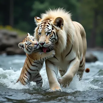 Lion Rescues White Tiger Cub from River