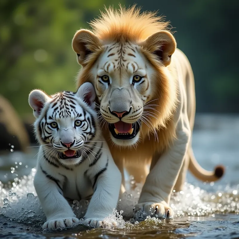 Lion Rescues White Tiger Cub from River - generate a photorealistic image of an extremely cute baby white tiger and an adult male lion where the lion is helping the tiger from some sort of danger by biting the cubs scruff behind his neck, carrying him in his mouth. maybe the danger is water, like a beautiful but dangerous fast flowing river - AI image generated with Flux