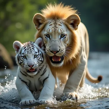 Lion Rescues White Tiger Cub from River