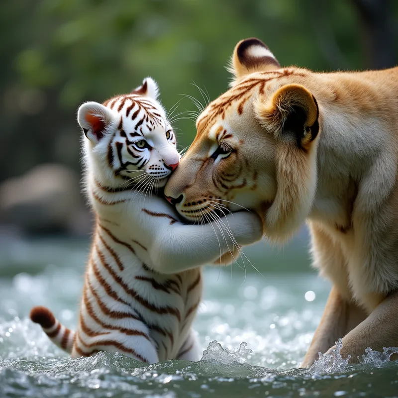 Lion Rescues White Tiger Cub from River - generate a photorealistic image of an extremely cute baby white tiger and an adult male lion where the lion is helping the tiger from some sort of danger by biting the cubs scruff behind his neck, carrying him in his mouth. maybe the danger is water, like a beautiful but dangerous fast flowing river - AI image generated with Flux