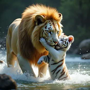 Lion Rescues White Tiger Cub from River