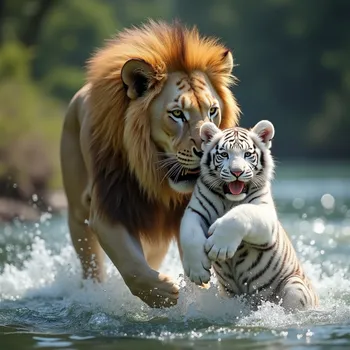 Lion Rescues White Tiger Cub from River