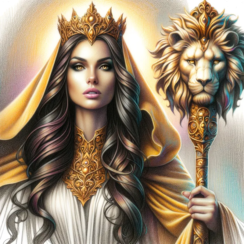 Lioness of the Golden Dawn - A tall, commanding woman with cascading brown tresses and a piercing stare, draped in a resplendent golden cloak and holding a staff crowned with the powerful image of a lion. - AI image generated with Art - pencil drawing, colorful, fantasy art