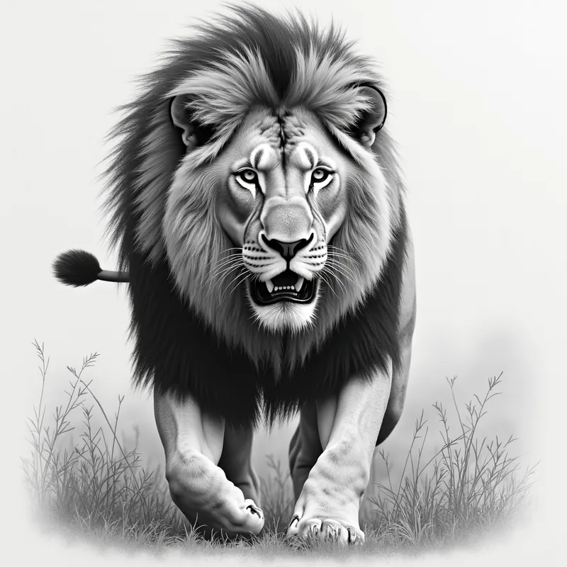 Lion in Motion: Grayscale Pencil Art - grayscale detailed realistic pencil drawing of a lion coming forward - AI image generated with Photorealistic 2