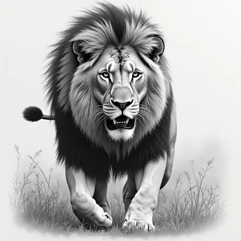 Lion in Motion: Grayscale Pencil Art