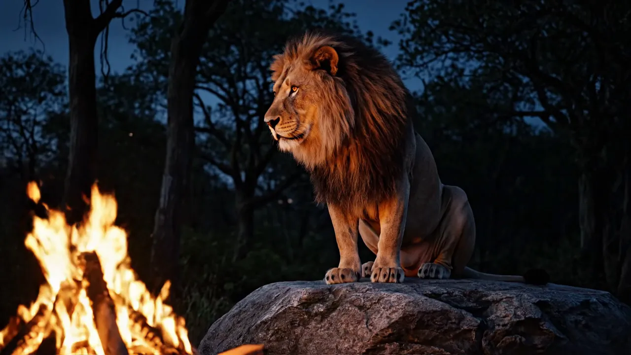 Lion on Rock by Campfire - Lion sitting on a rock by a camp fire at night near woods - AI video generated with Veo 3