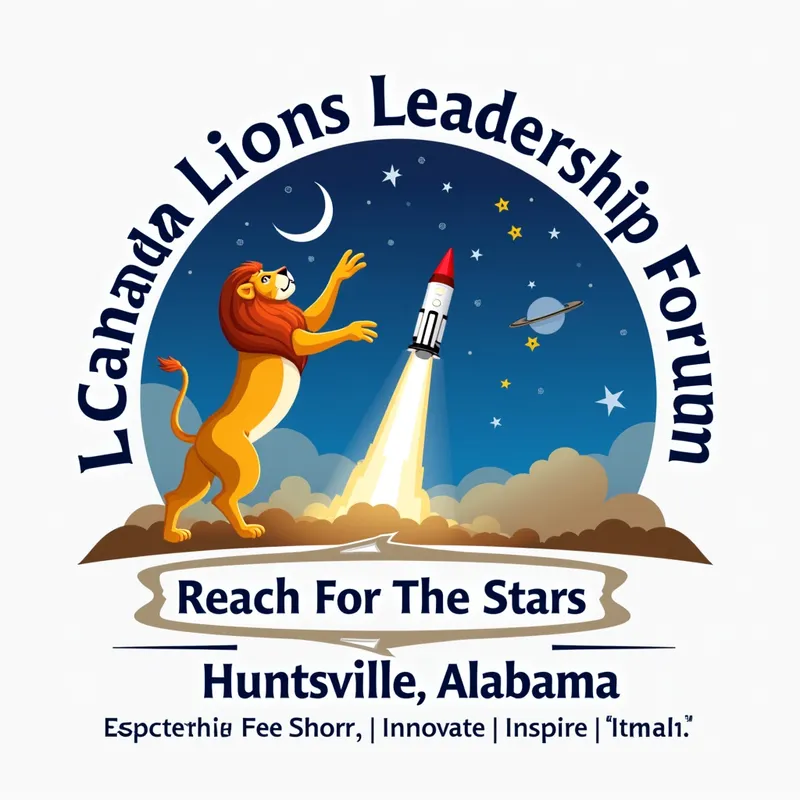 Lions Leadership Forum Logo - Design a logo for the USA/Canada Lions Leadership Forum in Huntsville, Alabama, taking place from September 16 to 18, 2027. The theme is 'Reach For The Stars: * Innovate * Inspire * Impact.' Include a standing lion reaching for the stars and a Saturn 5 rocket. - AI image generated with Text