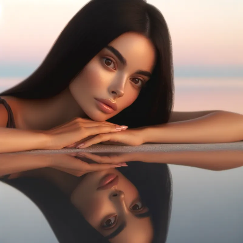 Lisa's Reflection - A serene moment where Lisa, with brown skin, brown eyes, and long straight black hair, is gazing at her reflection in a calm body of water. The setting sun casts a soft glow around her. - AI image generated with Art - pastel colors