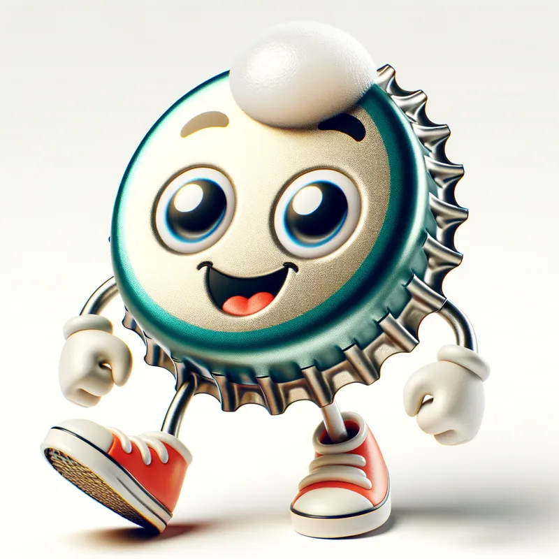 Lively Libation Lid - A vibrant, humorous steel beer cap with a charming facial expression and energetic legs, bringing a touch of personality to a classic drink. - AI image generated with Art