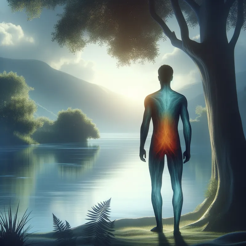 Living with Fibromyalgia - A serene scene where a person stands calmly, but has visible dark and bright patches on their body, indicating the chronic pain points. - AI image generated with Art