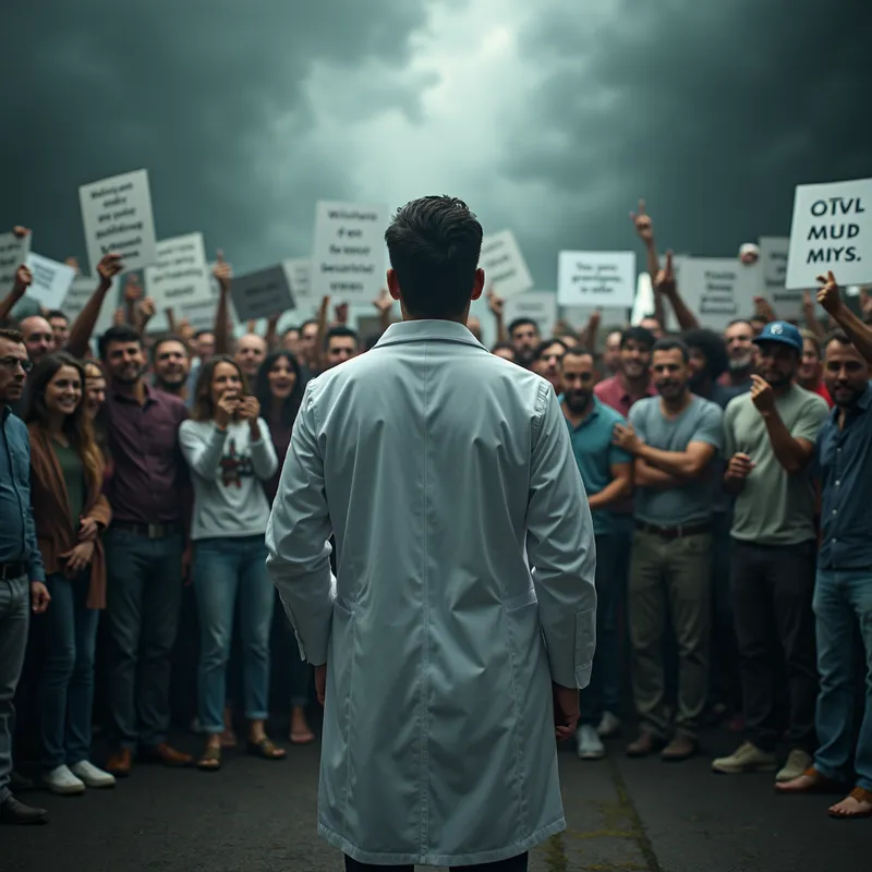 Lone Scientist - A lone scientist standing amidst a large, angry crowd jeering at him, looking determined but isolated. The crowd has manipulated information and signs, mocking the scientist's truths. Dark, stormy atmosphere to reflect tension. - AI image generated with Photorealistic 2