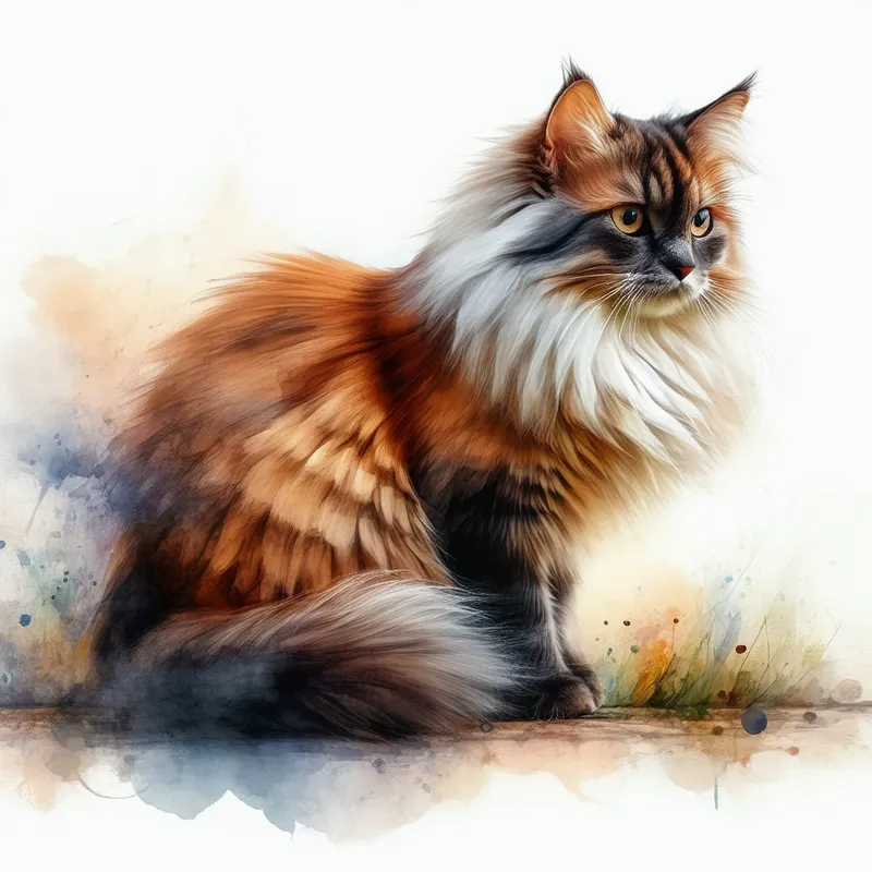 Long-Haired Cat in Watercolor - Create a realistic watercolor image of a long-haired cat. The cat should have fluid, intricate brushstrokes capturing the delicate fur texture and vibrant eyes. The colors should be soft and natural, with shades of cream, brown, and subtle accents. The background should be an abstract blur to keep the focus on the cat, giving a serene and artistic feel.