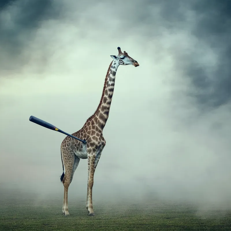 Long-Necked Giraffe with Baseball Bat - A whimsical scene featuring a long-necked giraffe holding a baseball bat. The atmosphere is misty with a dreamy, blurred background, giving the image a surreal and slightly humorous feel. The giraffe stands tall and proud, with its elongated neck extending upwards. The whimsical setting adds a touch of fantasy to the overall composition.