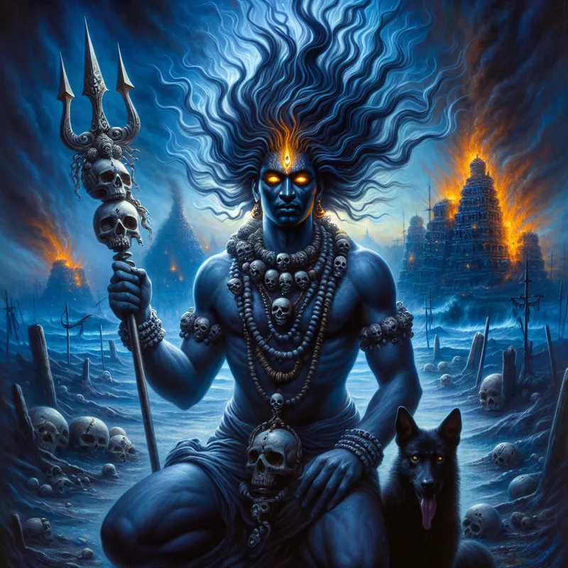 Lord Bhairav of the Burning Ground - Draw Bhairav as a spiritual force at the edge of the cremation ground, formed from blue-black shadows deeper than night. His mane of hair erupts like wild flames, electrified by unseen winds. His molten gold eyes radiate unwavering awareness, hinting at fierce mercy and insight. Adorned by a garland of tiny skulls and rudraksha beads, his ashen chest is broad and strong. He brandishes a simple, sharp-pronged trident, and gently holds a skull bowl in his other hand. His black canine companion stands vigilant beside him, subtly reinforcing the sense of liminality. The backdrop is a tapestry of crumbled ruins and dusk, suffused with an energy of endings transforming into beginnings. - AI image generated with DALL-E 3