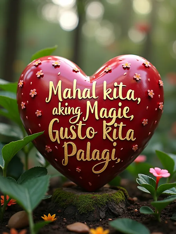Love Amidst Flowers - Set in a breathtaking botanical paradise, a large love heart with the message 'Mahal kita, aking Magie, aking Reyna. Gusto kita palagi, Magie' stands out beautifully, written in a splendid and eye-catching font. - AI image generated with Photorealistic 2 - photorealistic, close-up macro photograph, picture of the day