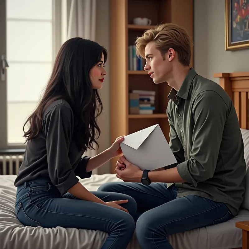 Love Letter Reveal - A highly realistic image featuring a university dorm room scene. A woman with long black hair, pale skin, and red lips, dressed in jeans and a dark shirt, is holding a white envelope. She faces her boyfriend who has blonde hair and is wearing jeans and a button-down shirt as they sit on the edge of a bed. - AI image generated with Photorealistic 2
