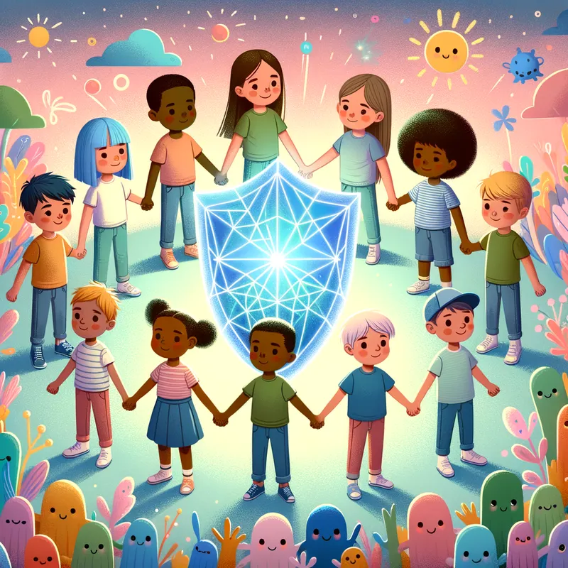 Love Warriors - Children holding hands, their combined love forming a protective barrier of light that repels approaching demons in a whimsical, pastel-colored landscape. - AI image generated with Art