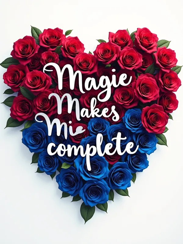 Love in Bloom - An artful depiction of a heart outlined by red and blue roses, featuring the phrase 'Magie Makes me complete' artistically woven through the flowers. - AI image generated with Photorealistic 2
