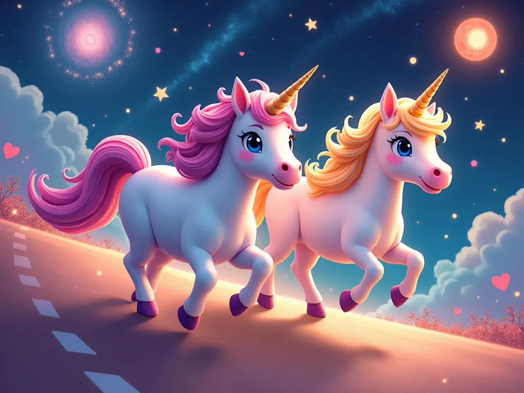 Lover's Journey in Space - Unicorns Darryl and Magie running side by side on a whimsical road of little hearts in a faraway galaxy, with supernovas bursting, black holes lurking, and suns shining brightly. - AI image generated with Photorealistic 2