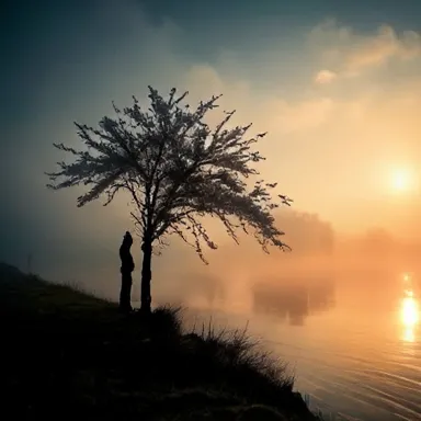 Lover's Rendezvous - A picturesque riverside at dawn, shrouded in morning mist, with a silhouette of a person standing under a blossoming tree, beside the river, awaiting the arrival of their lover with an air of romantic suspense. - highlights: Nikon D700, Nikkor 50mm 1.8, copper relief, grain effect