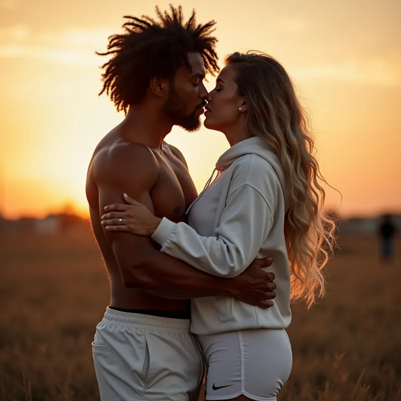 Lovers' Reunion - A heartfelt moment as two lovers reunite after three years apart. The lady is dressed in stylish Nike shorts and a white hood, while the man wears white sweatpants and a top that showcases his well-built biceps and curly hair. Capture the deep emotion of their embrace against a sunset backdrop. - AI image generated with Photorealistic 2