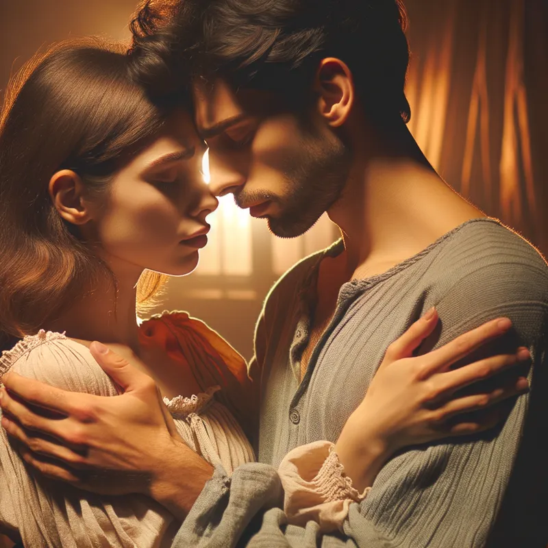 Loving Embrace - A beautifully intimate scene between two people in a tender embrace, focusing on emotion and connection, with soft lighting and a romantic atmosphere. - AI image generated with Art