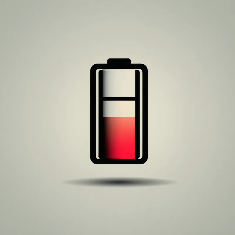 Low Battery Symbol - A minimalist graphic featuring a nearly empty battery icon with a faint red color, symbolizing weakness or energy depletion for a medical-related post. The background is kept simple and light to focus attention on the low battery symbol, conveying a sense of urgency and the need for medical attention.
