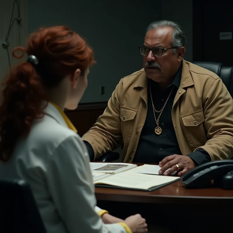 Low-Lit Office Standoff - A cinematic medium shot inside a dark office with subdued lighting. A large desk separates two characters. A broad, dark-skinned man sits behind the desk in an office chair with an open folder before him. He is dressed in a tan jacket and black shirt, balding with gray hair, wearing reading glasses low on his nose. His dark eyes are filled with anger. Around his neck hangs a large chain with a pentagram charm. A phone sits on the desk corner. Facing him is a nervous young woman with deep red wavy hair tied back in a ponytail, wearing a white lab coat over a yellow blouse, sitting with her hands folded in her lap. Realistic detail, dramatic office tension. - AI image generated with Photorealistic 2