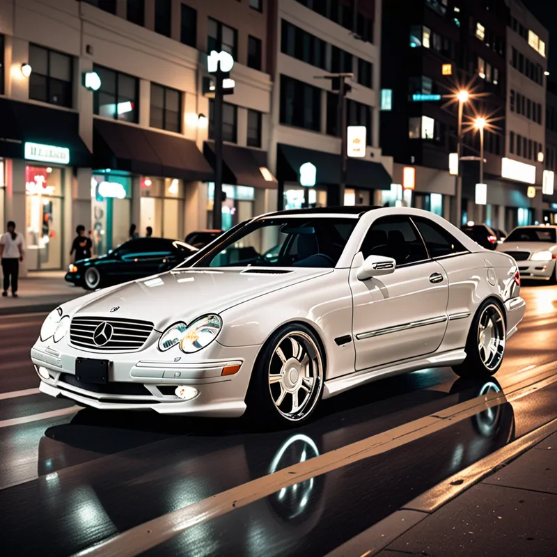 Lowered White CLK320 Night Scene - An all-white Mercedes-Benz CLK320 2-door, slammed low on elegant chrome VIP rims, cruising through a downtown street at night with neon reflections, tinted windows, premium luxury aesthetic, dramatic shadows, realistic motion blur, high-end car culture photography - AI image generated with Fictional