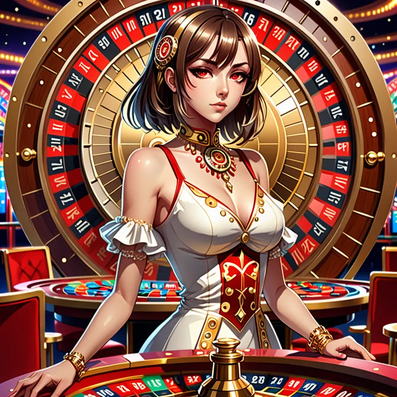 Lucky Spin Princess - Anime-style art of a confident young heroine standing beside a large ornate roulette wheel, sparkling casino background, elegant outfit with red and gold accents, expressive eyes, polished cel-shading, vivid and stylish atmosphere - AI image generated with Fictional