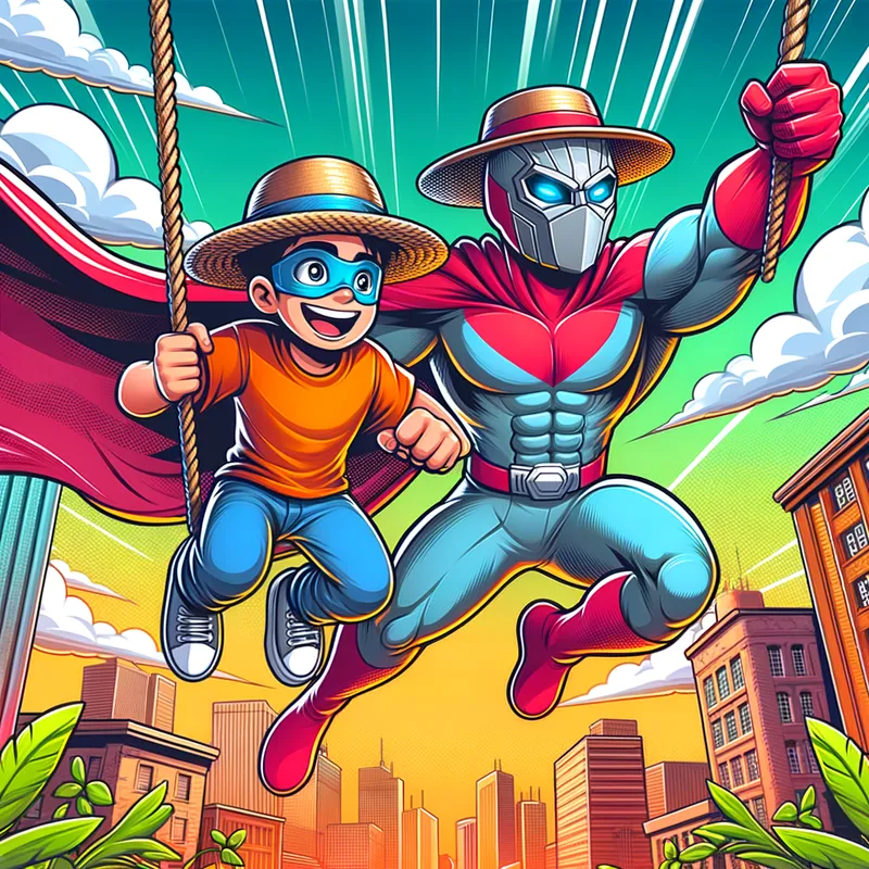 Luffy and Spiderman Team Up - Luffy from One Piece and Spiderman swinging through a vibrant cityscape, working together in dynamic poses, with bright colors and comic book style shading. - AI image generated with Art