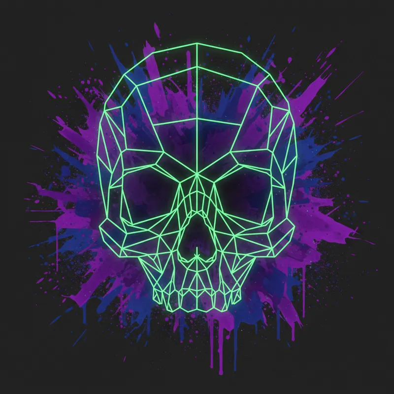 Luminous Cranium Abstract - An abstract composition featuring just the upper half of a skull, lines and shapes illuminated in vivid neon green, with expressive purple and blue color splats creating energetic contrast behind. - AI image generated with Nano Banana