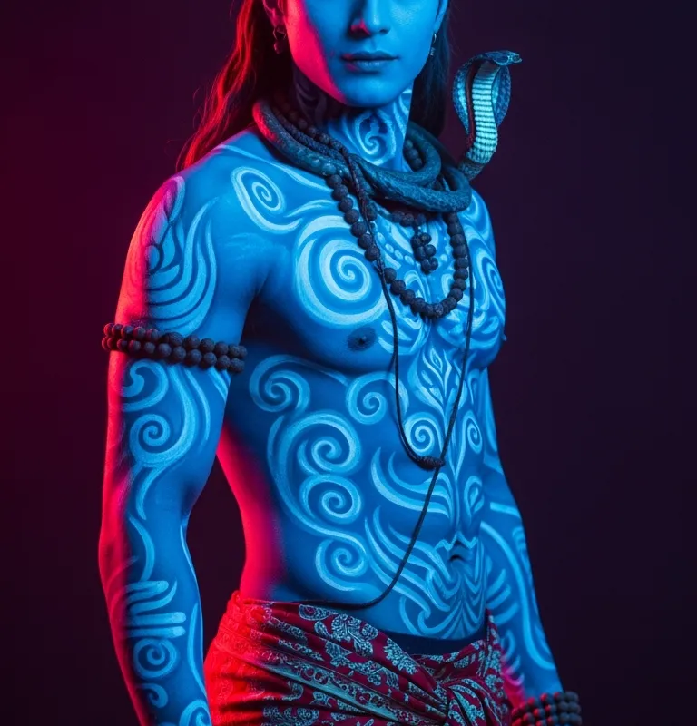 Luminous Deity: Shiva Reimagined - An ultra-detailed, professionally shot medium-plan image of a youthful, extraordinarily handsome Shiva. His blue skin gleams under neon and lumen lights. The figure stands in a half-turn, full-length pose, body art swirling across every muscle. The composition mixes Buddhist and Hindu fantasy motifs, focusing on body aesthetics and hyperrealistic skin textures. Shiva's confident smirk adds personality to the high-definition, photorealistic shot. - AI image generated with Imagen 4 Ultra