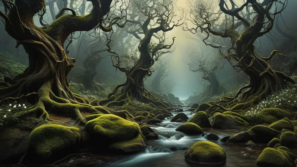 Luminous Fantasy Grove - a dynamic image of a surreal fantasy forest with gnarled trees with thick branches that have leaves that give off light, glowing flowers around their bases and a small stream running over rocks that resemble heads with crude faces dynamic pose, dark tones, abstract, fantasy art, surrealismus, Salvador Dali  - AI image generated with Fictional - Claude Monet