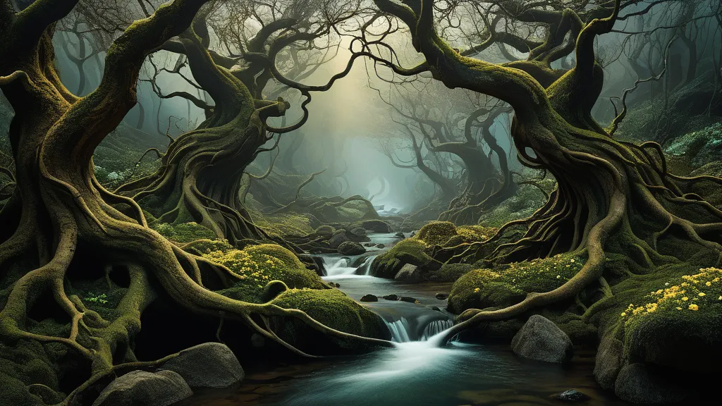 Luminous Fantasy Grove - a dynamic image of a surreal fantasy forest with gnarled trees with thick branches that have leaves that give off light, glowing flowers around their bases and a small stream running over rocks that resemble heads with crude faces dynamic pose, dark tones, abstract, fantasy art, surrealismus, Salvador Dali  - AI image generated with Fictional - Claude Monet